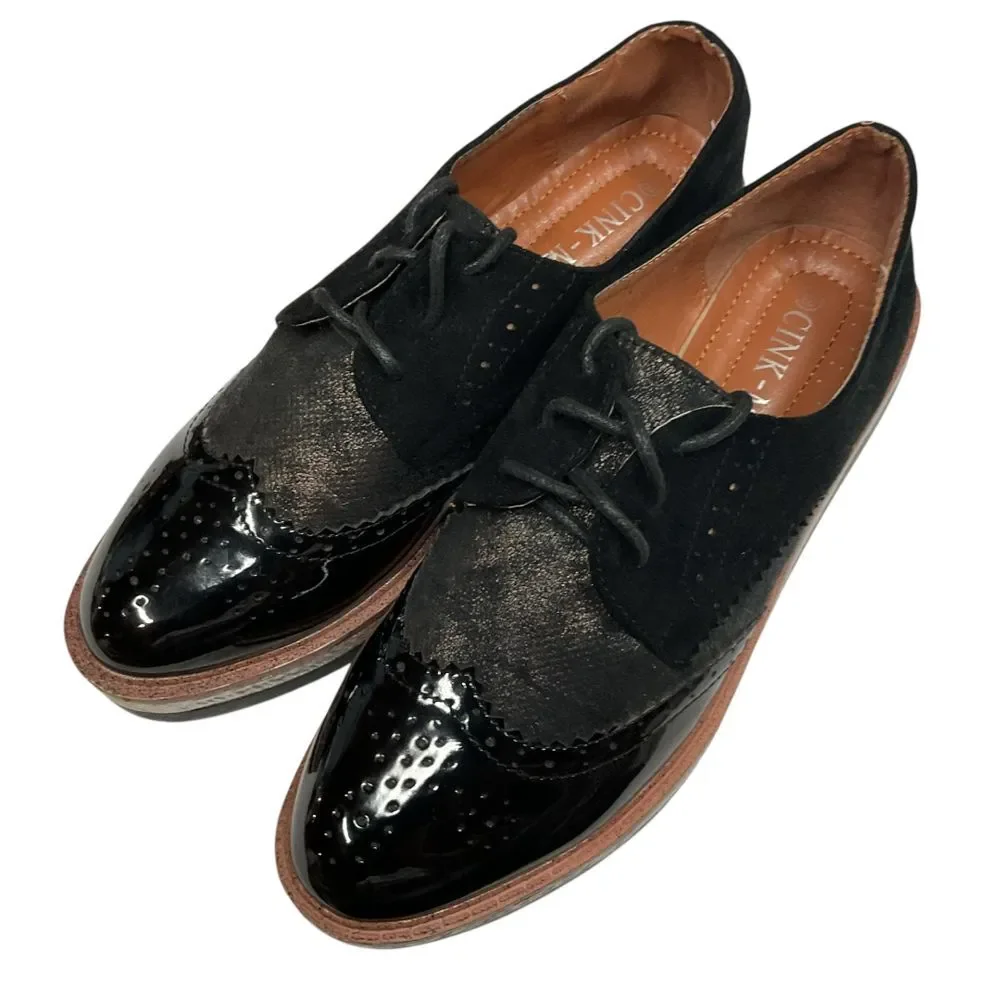 CINK-ME Patent Leather Oxford Platform Wingtip Brogue Shoes Black Texture Size 7